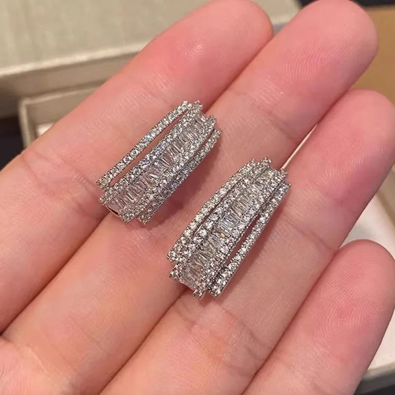 Women's white gold colour geometry stud earrings with inlaid zircon stones on copper setting