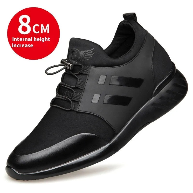 Men's black casual sneakers with a hidden internal heel lift, available in leather, Lycra and mesh upper options.
