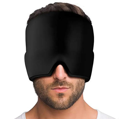 Black elastic cloth gel cold compress eye mask for headache relief on a grey background.