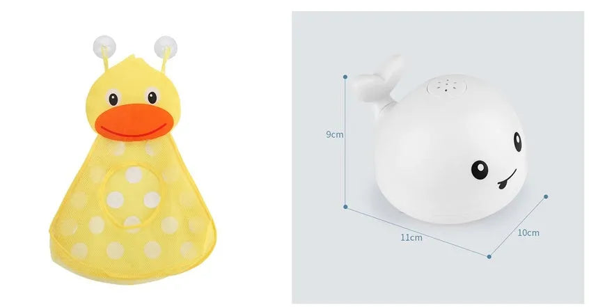 Grey or white electric whale bath toy spraying water with LED lights on a base.