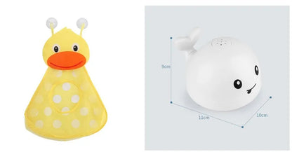 Grey or white electric whale bath toy spraying water with LED lights on a base.