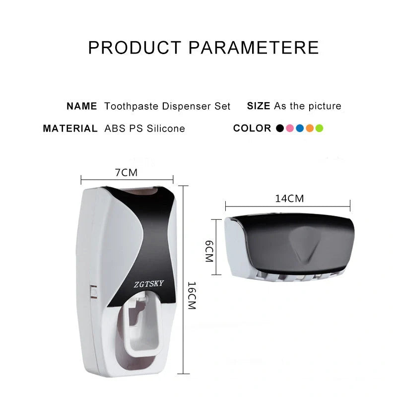 Dust proof automatic toothpaste squeezer and toothbrush holder set in black, blue, or red