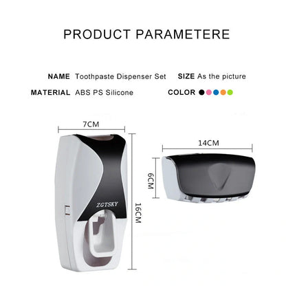 Dust proof automatic toothpaste squeezer and toothbrush holder set in black, blue, or red