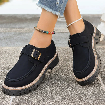 British-style women's buckle loafers with thick sole for added height