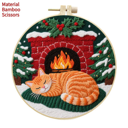 Cat embroidery DIY kit with autumn fruit design on fabric and a 20cm imitation bamboo embroidery frame