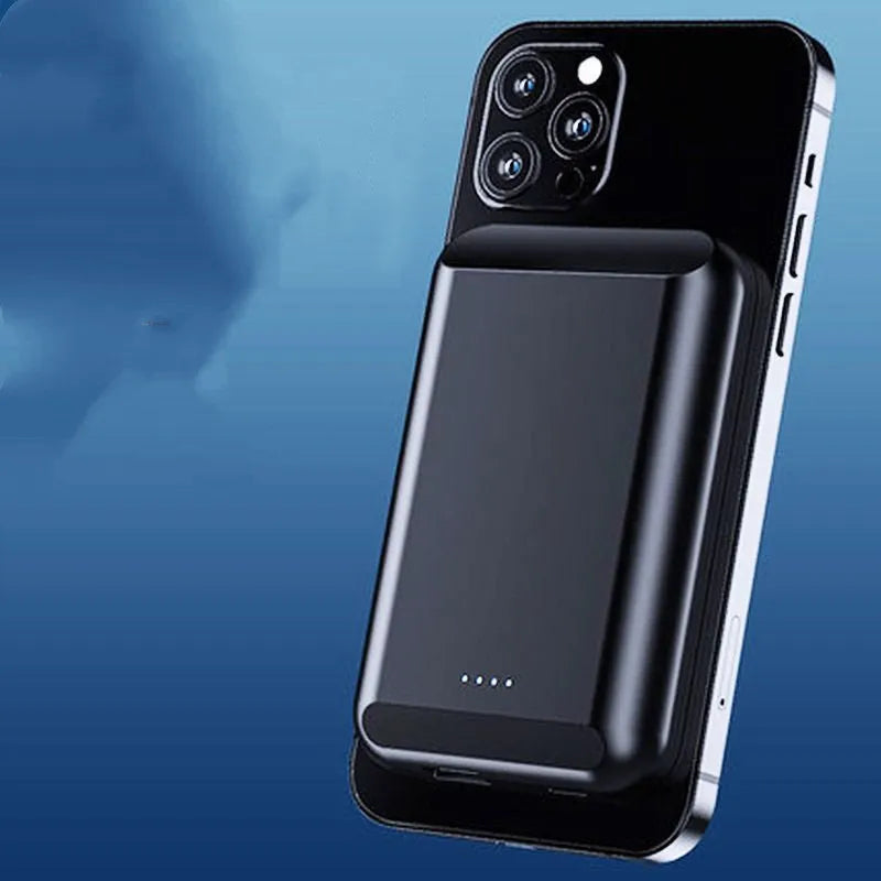 Magnetic wireless power bank in five colour options showing compact 85mm design with 5000mAh capacity