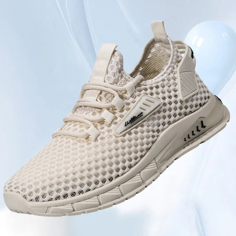 Men's beige casual sneakers with mesh lining and lace-up front on a white background.