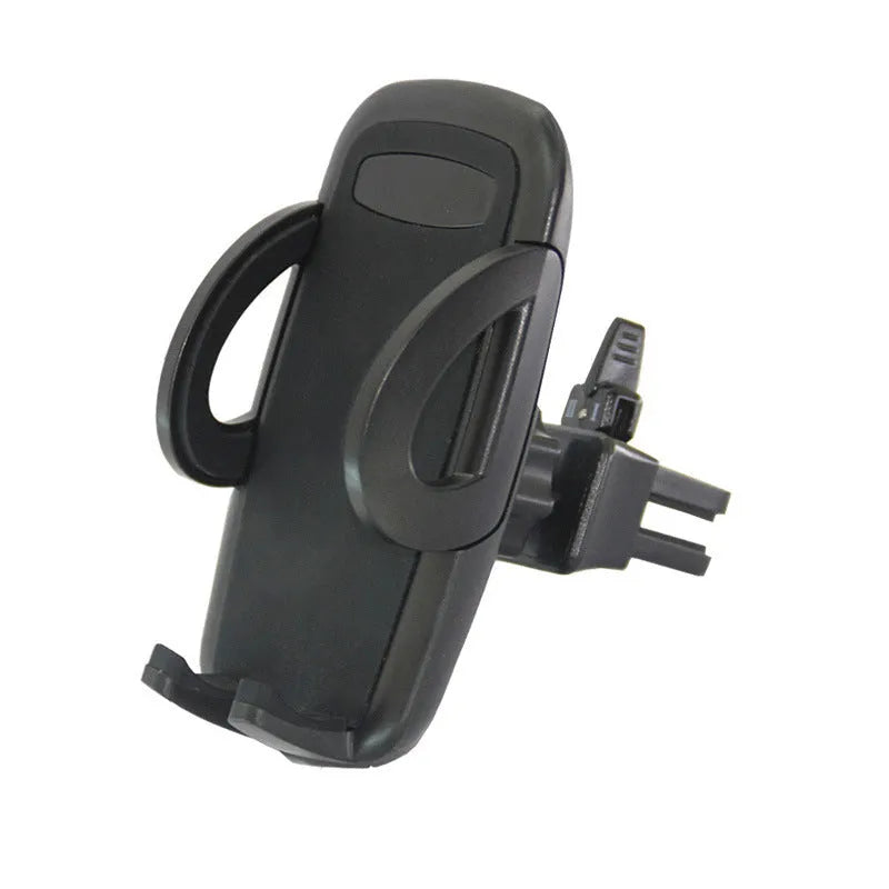 Black universal car air vent mobile phone holder attached to a vehicle vent, showing adjustable arms and 360-degree rotation.