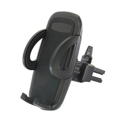 Black universal car air vent mobile phone holder attached to a vehicle vent, showing adjustable arms and 360-degree rotation.
