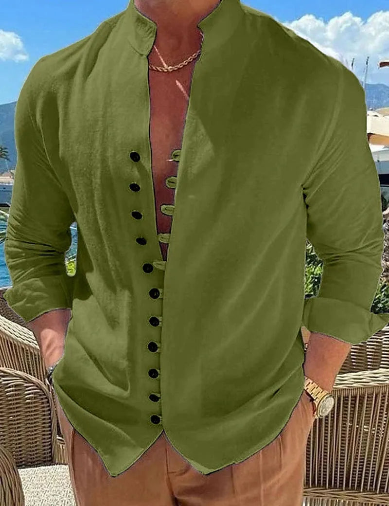 Men's retro button long-sleeved shirt in black, loose fit, standing collar, cotton polyester blend.