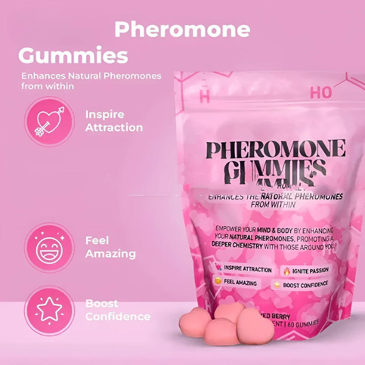 Sealed container holding 60 pheromone soft candies for adult personal use.