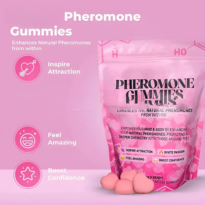 Sealed container holding 60 pheromone soft candies for adult personal use.