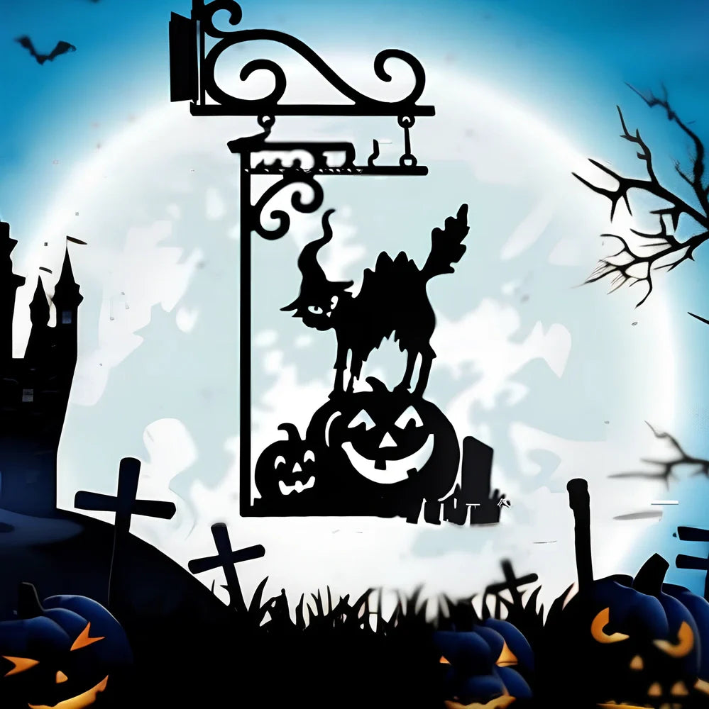 Halloween metal courtyard decoration with witch cauldron silhouette measuring 26x18cm