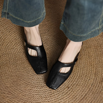 British style square toe outdoor slippers in black with low heel and rubber sole