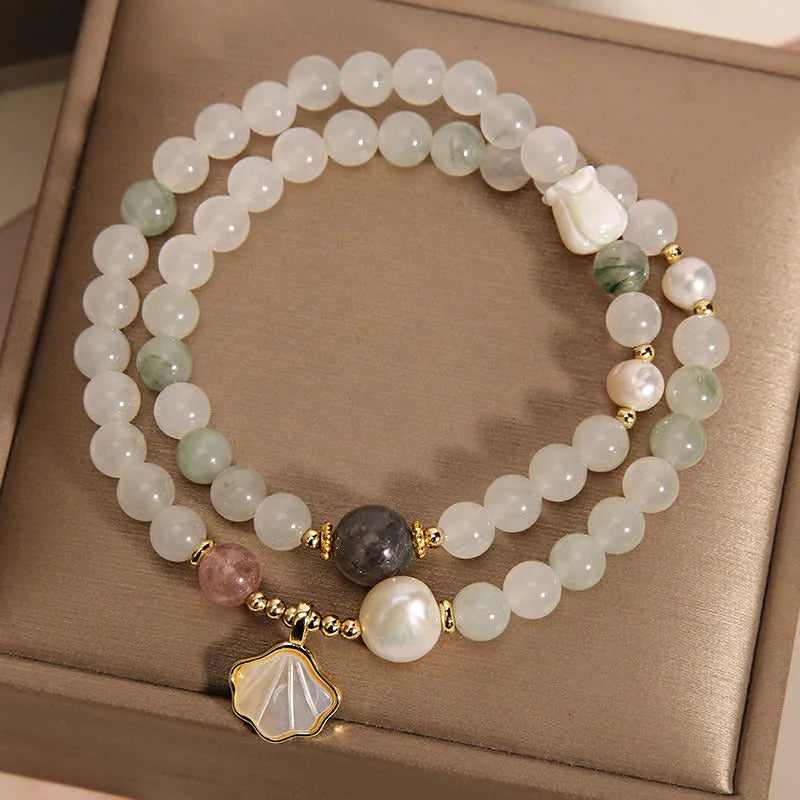 Women's crystal bracelet with Tianshan Jade ginkgo leaf pendant and gold-plated gemstone decoration