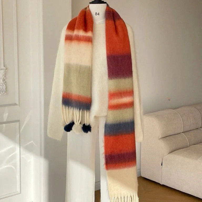 Vibrant Rainbow Mohair Tassel Scarf in various colors, perfect for winter fashion