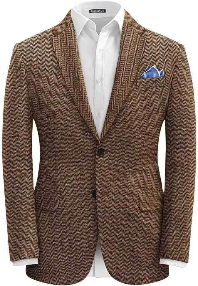 Men's single-breasted herringbone suit jacket, slim fit, brown or grey, sizes XS to 6XL