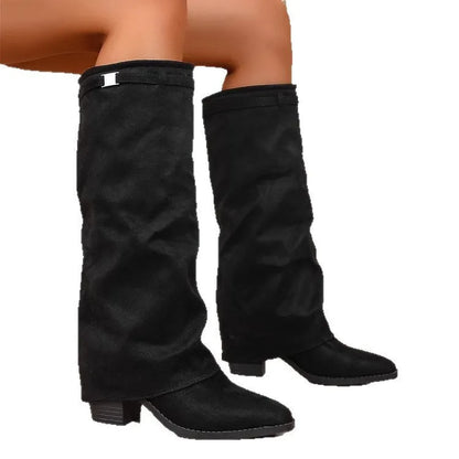 Men's pointed toe high tube pants boots with pleated chunky heel, artificial PU upper, beige colour