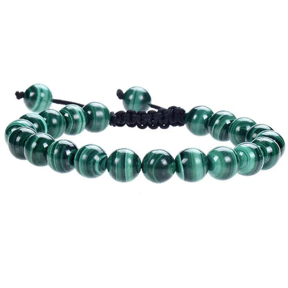 Women's flat knot braided healing bracelet hand-woven with natural gemstone beads in geometric pattern
