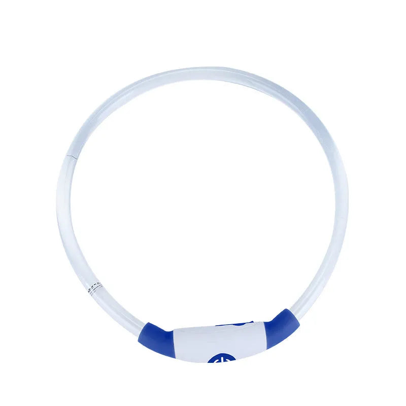 Blue USB rechargeable LED dog collar with glow lights, adjustable 70cm length for pet safety.