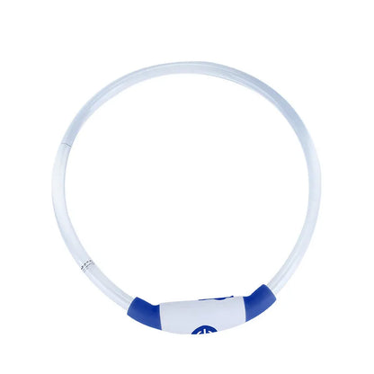 Blue USB rechargeable LED dog collar with glow lights, adjustable 70cm length for pet safety.