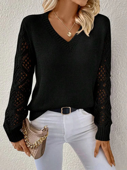Stylish V-neck sweater with hollow long sleeves in a variety of trendy colors