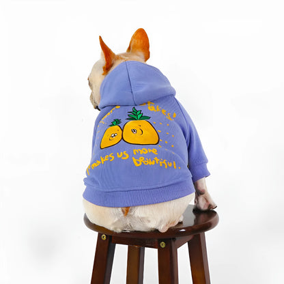 Blue and purple cotton pet hoodie with cartoon print design for dogs and cats