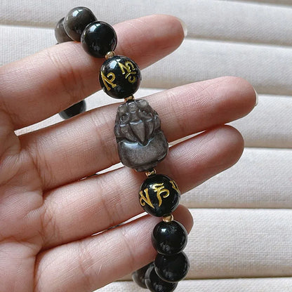 Silver Stone men's bracelet with Chinese style design and zodiac proverbs engraving
