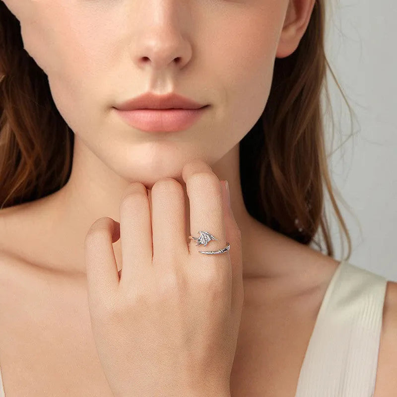 Adjustable opening silver ring with wings motif for women, plain silver finish, colour SCR1163-E