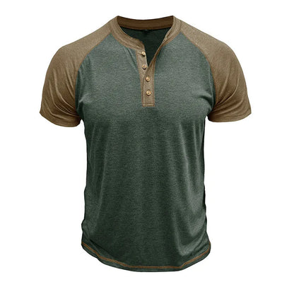 Men's short sleeve top with colour block design showing contrasting colour panels and raglan sleeves