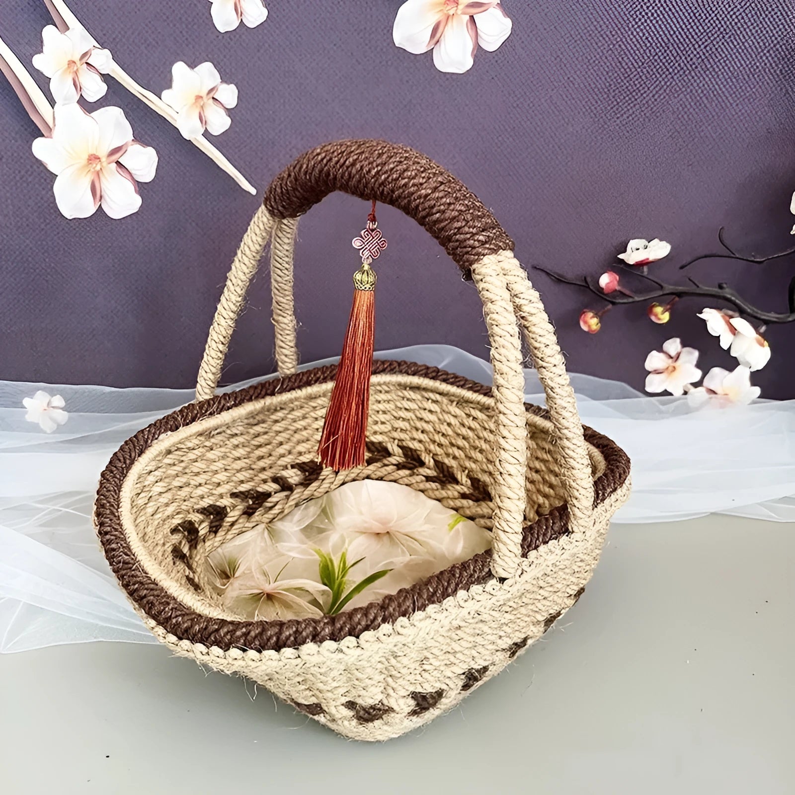 Hand-woven hemp rope basket in coffee brown, 19cm by 12cm, made from natural straw with rustic design