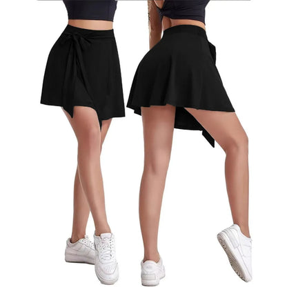 Black thigh-length unisex sports skirt with high waist and adjustable shoulder strap