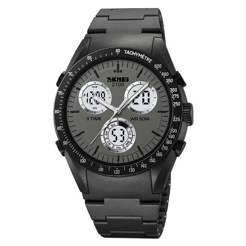 Electronic casual watch with resin mirror and TPU strap showing camouflage pattern, 50m water resistant