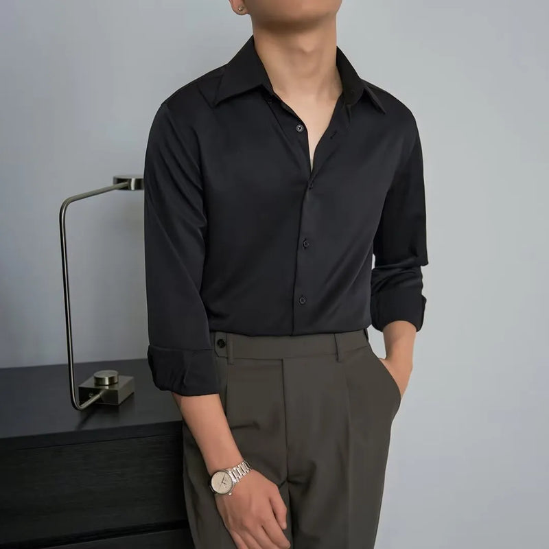Men's autumn shirt long sleeve slim Korean style polyester cardigan in Japanese retro fashion available in black white wine red and dark blue colours sized S M L XL 2XL 3XL 4XL with loose fitting