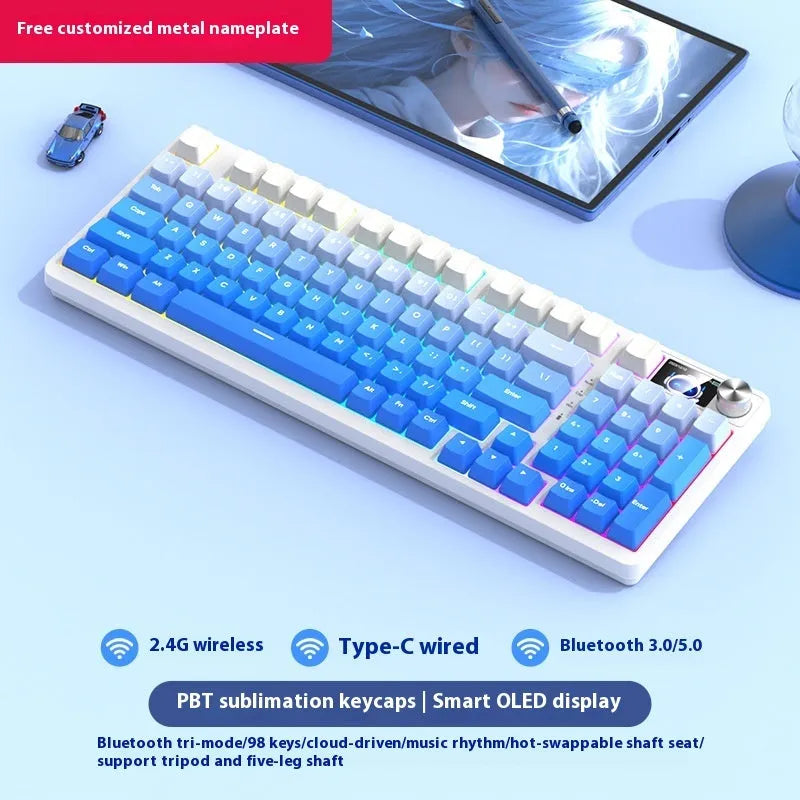 98-key wireless mechanical keyboard kit in black or white with optional LED screen and metal knob