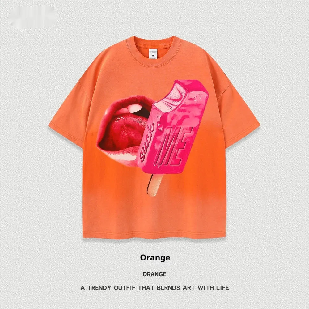 A loose-fit heavy washed cotton T-shirt with a cartoon print, shown in a selection of available colours.