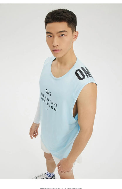 Men's loose fit black mesh sports vest for running and gym workouts, showcasing the lightweight fabric.