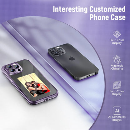 Black iPhone 15 Pro Max flip phone case with a custom graphic displayed on its integrated E Ink screen.