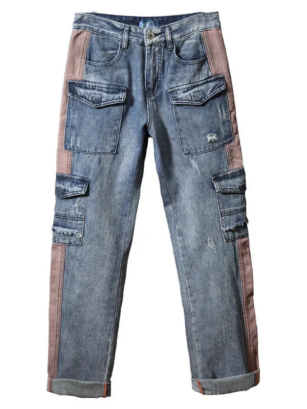 Men's high-waisted loose denim trousers with multiple pockets showing straight leg opening
