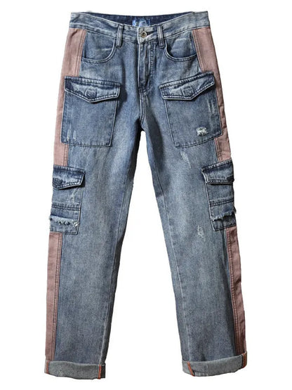 Men's high-waisted loose denim trousers with multiple pockets showing straight leg opening
