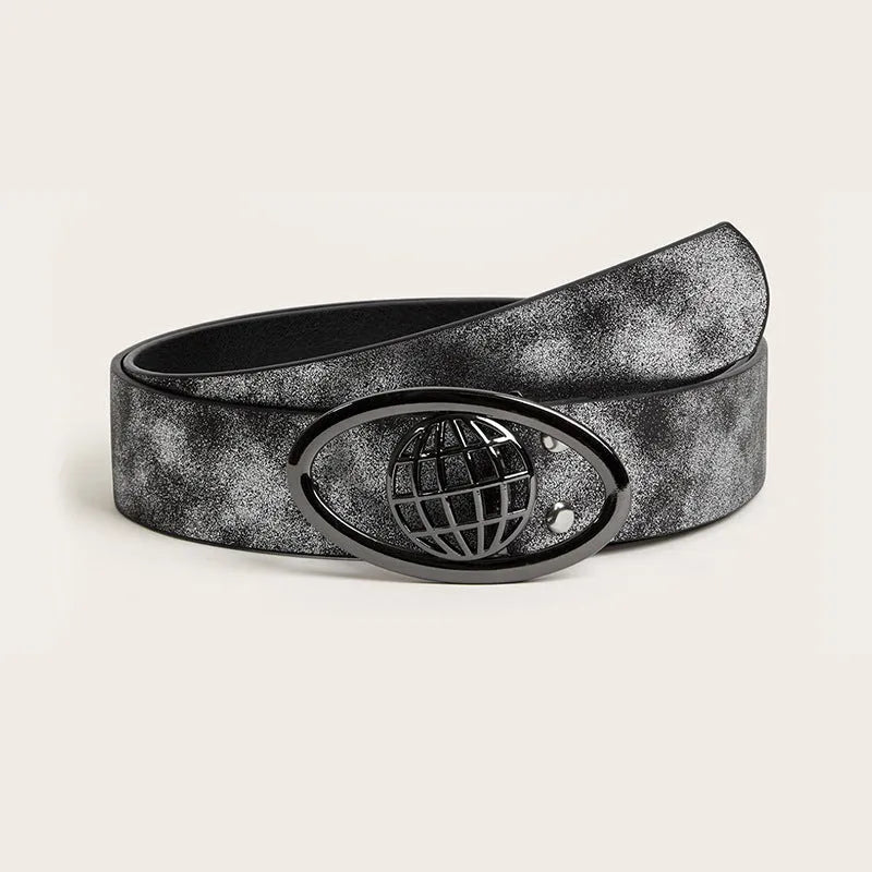 Retro thick women's belt with oval alloy buckle in earth style grey white colour