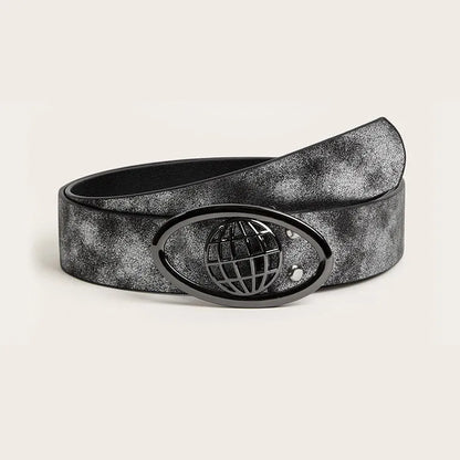 Retro thick women's belt with oval alloy buckle in earth style grey white colour