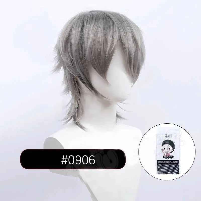 Short-length anime cosplay wig in high-temperature fibre on a stand.