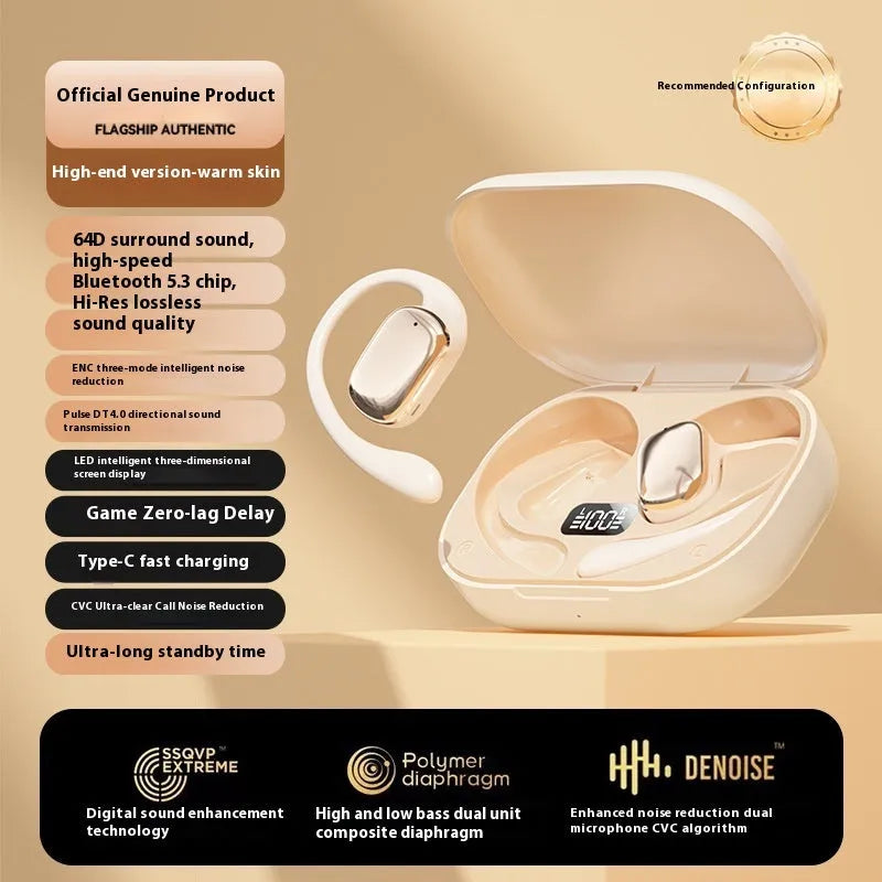 Ear-mounted wireless headphones with digital display screen on ear piece.