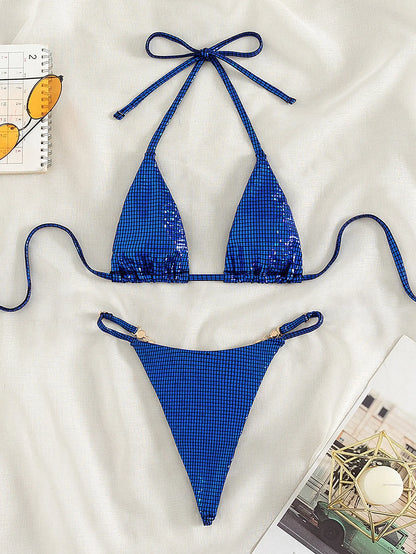 Women's solid colour blue T-back split bikini top and briefs set on a neutral background.