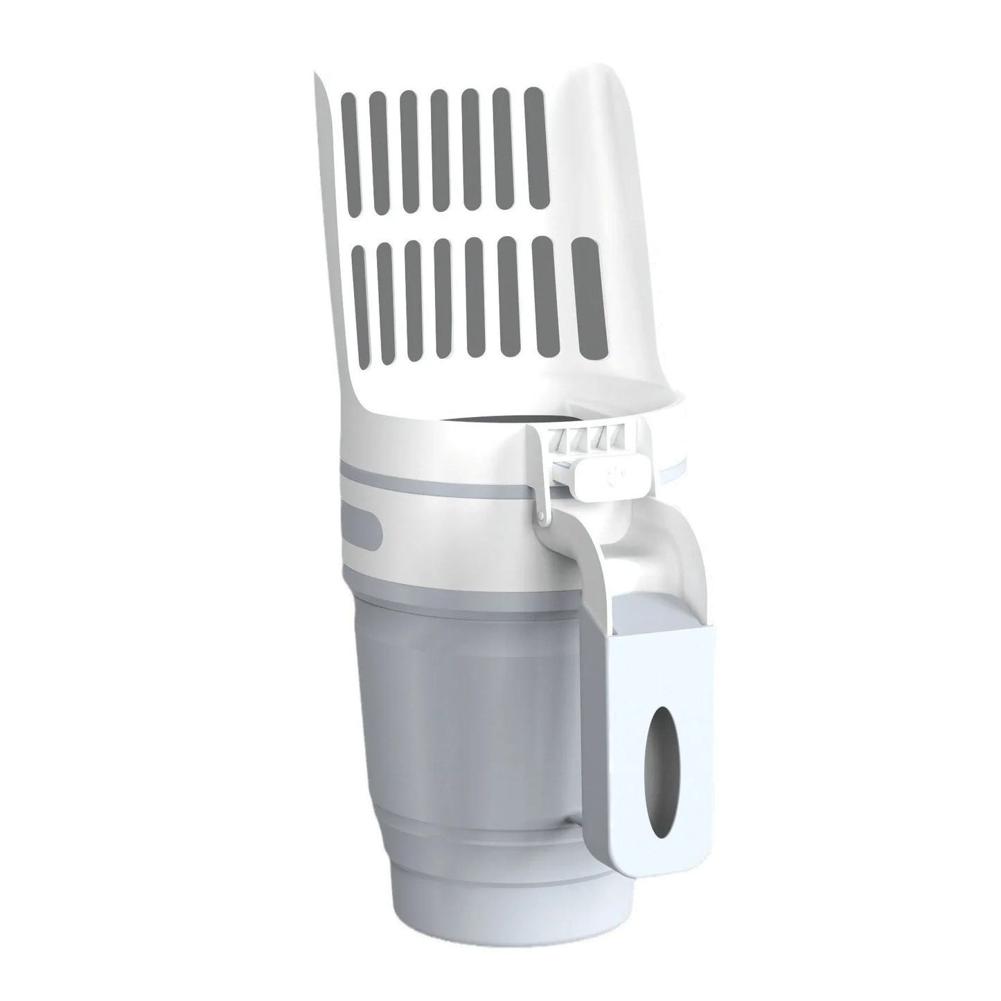 Grey, blue, or green pet litter scoop with attached waste collection bin and foldable bottom