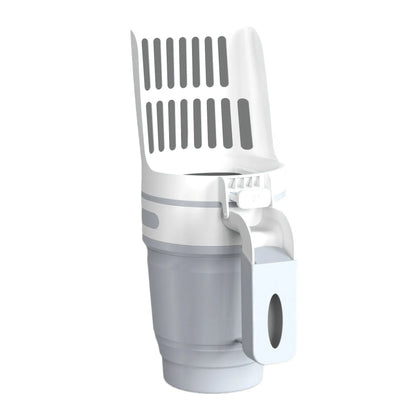 Grey, blue, or green pet litter scoop with attached waste collection bin and foldable bottom