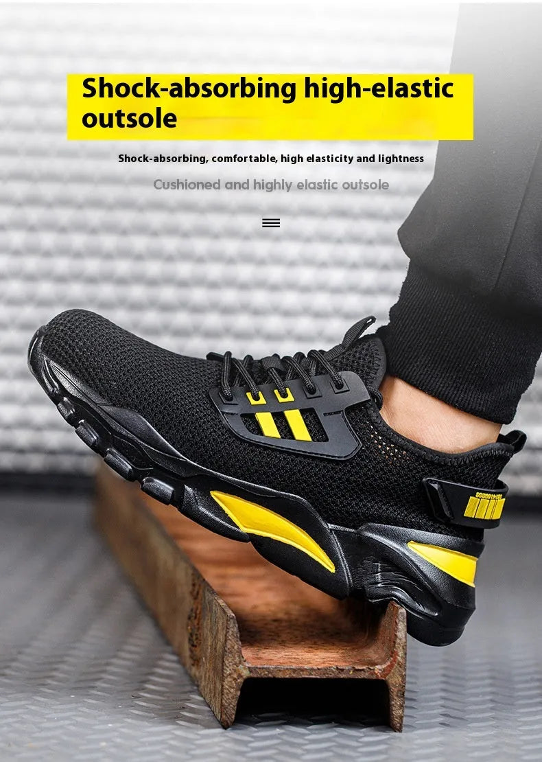 Men's low-top black work shoe with Flyknit upper and steel toe cap on a grey background