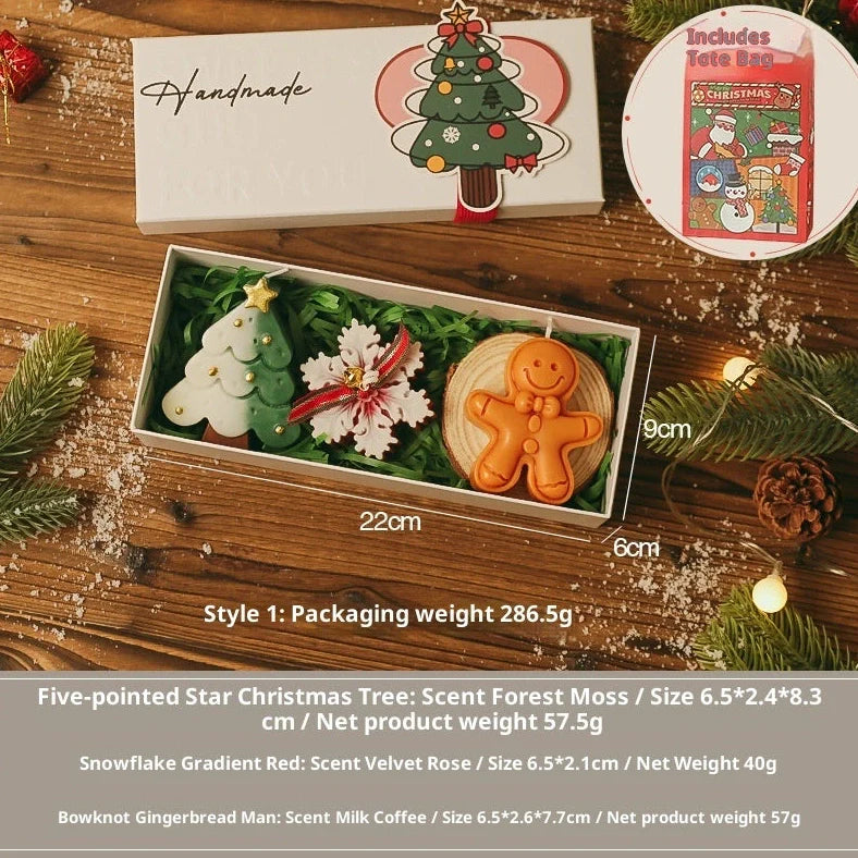 Handmade Christmas scented candle gift set with 9 designs, wooden display pad, and handbag