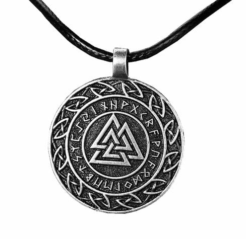 Handcrafted Valknut symbol pendant and chain in circular horn, a unique Norse mythology jewellery piece.
